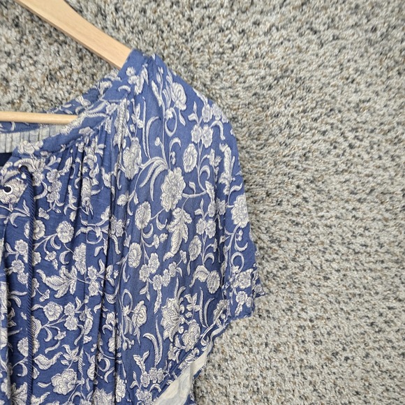 Chaps Top Womens Plus XXL 2XL Blue Floral Print Lace Up Blouse Casual Ladies - Picture 2 of 7